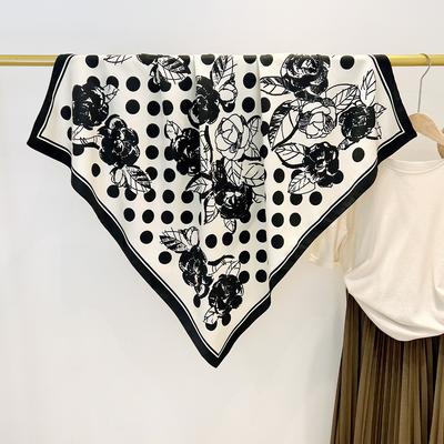 Spring and Summer Korean Retro Polka Dot Rose Square Scarf Daily Travel with Shirt Silk Scarf Thin Sunscreen Shawl