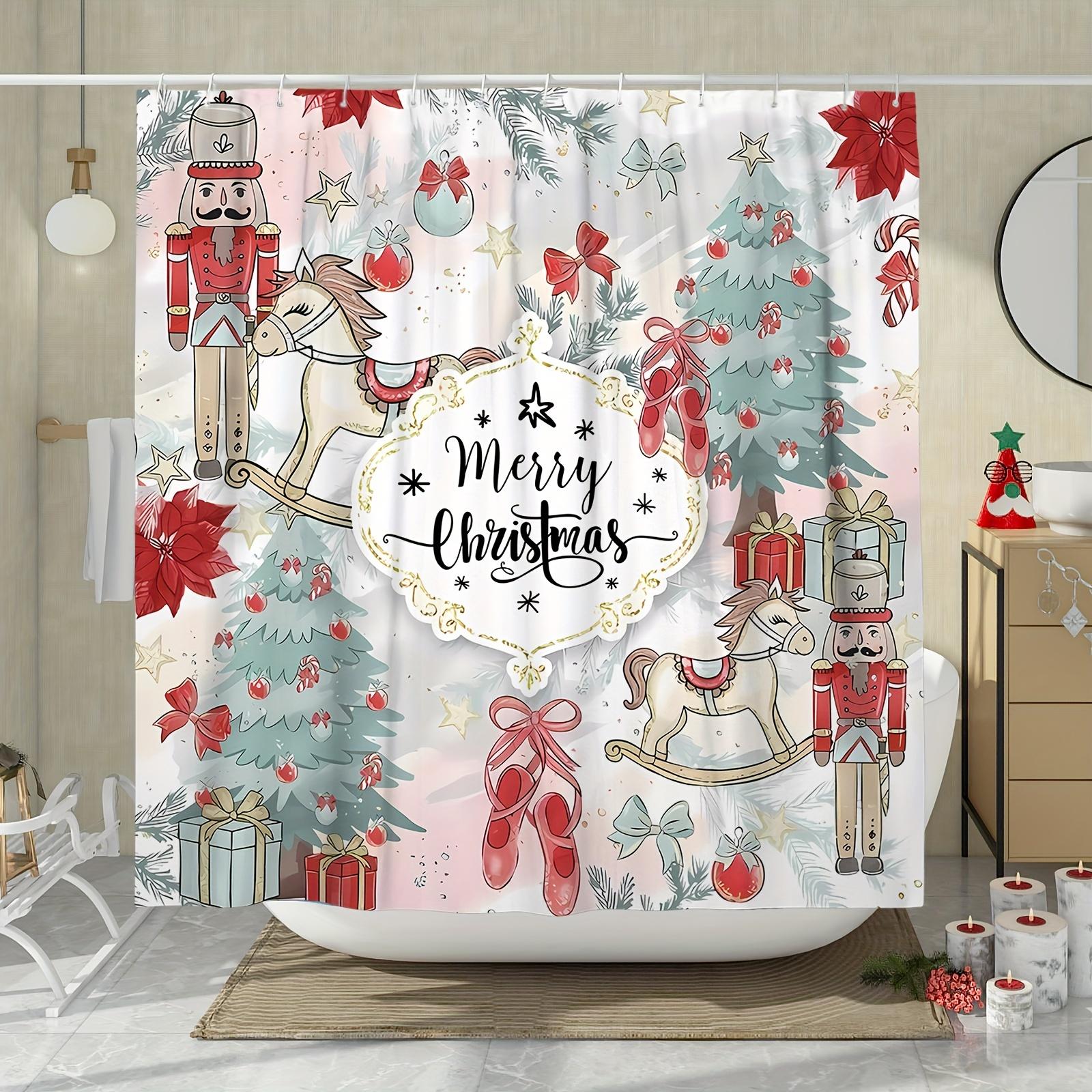 

Merry Christmas Waterproof Shower Curtain For Bathroom Decor, Featuring Festive Elements Like Nutcrackers, Trees, And Gifts W60H190(CM)-1 Pcs