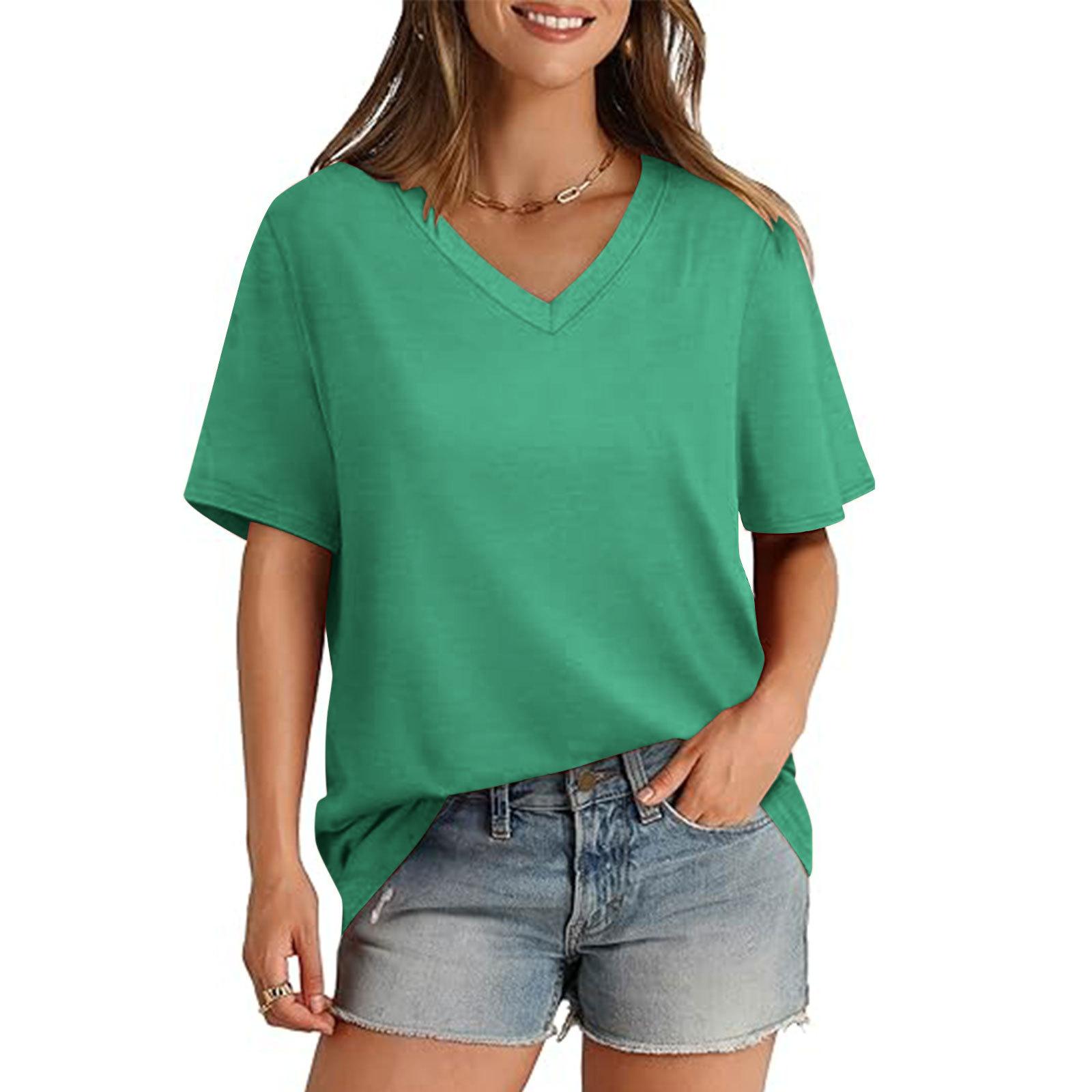 

Летний топ с V-образным вырезом однотонный модный повседневный с короткими рукавами женские футболки S зелёный