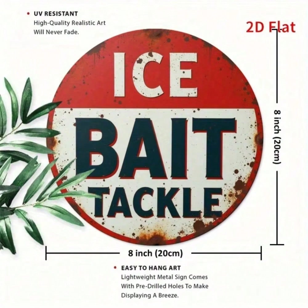 2D Metal Sign Ice Bait Fishing Tackle Shop Billboard, Rustic Wall Art for Man Cave Home Office Halloween Gift