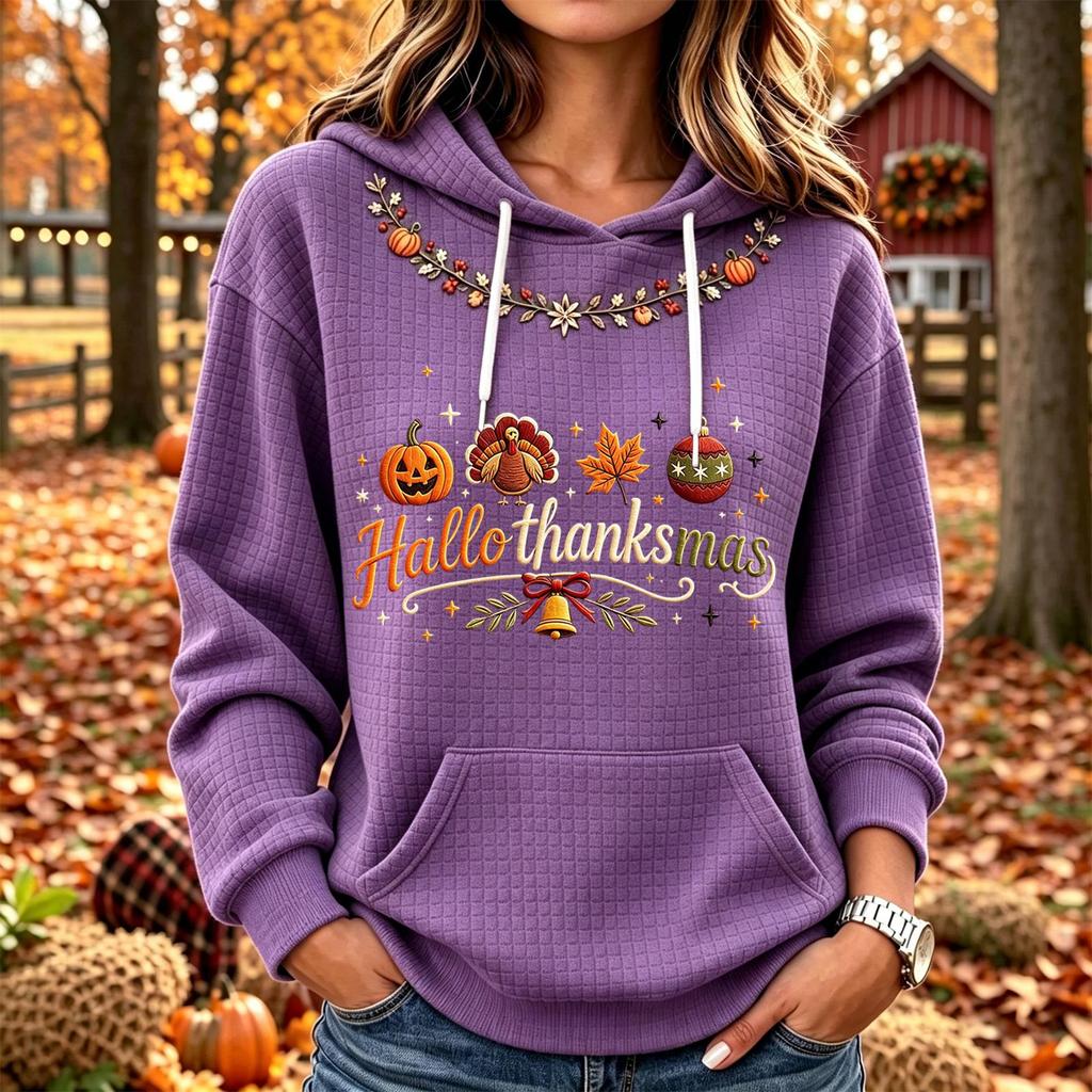 Women's Lightweight Long Sleeve Pullover Hoodie with Pockets, Thanksgiving Christmas Print