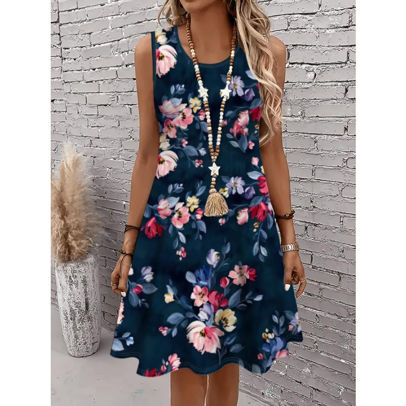 

New Elegant Black Floral Dress Women Sleeveless Slim Fit Sundress Stylish Flower Print Office Lady Casual daily Dresses S