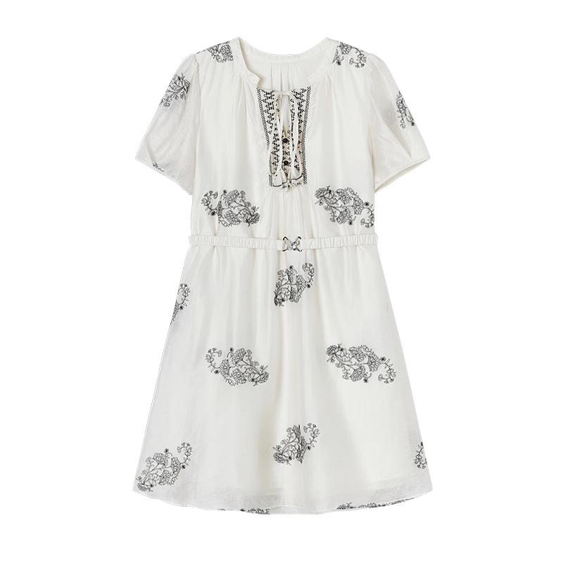 Women s Summer Bubble Sleeve Floral High-Waist A-Line Dress L