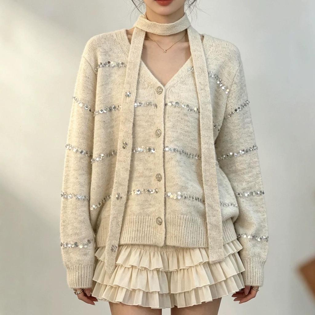 Women's Autumn/Winter Loose Waist-Cinching Fluffy Cardigan - Korean Retro V-Neck with Flowing Ribbon & Sequin Knit