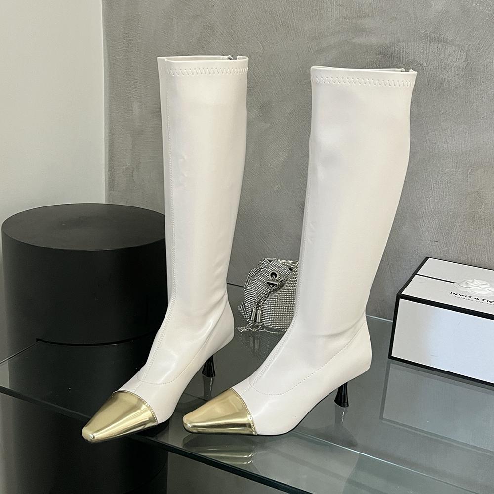 fashion Fashion Women Knee High Boots Pointed Toe Sock Booties Thin High Heels Black White Mixed Color Knee Sock Botas Stretch Shoes 39