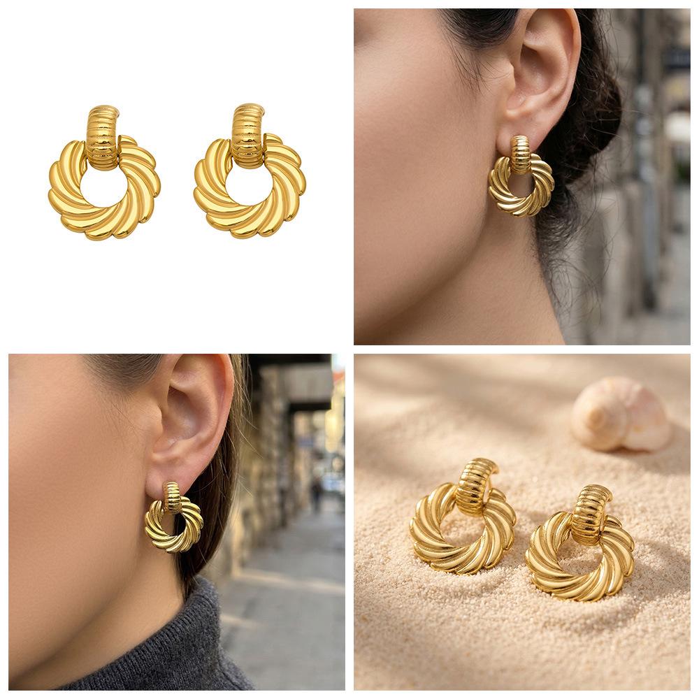 18K Gold Plated Twisted Circle Stud Earrings - European & American Fashion, Stainless Steel Whirlwind Design