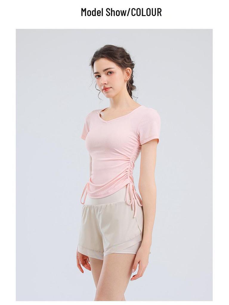 Women's V-Neck Short Sleeve Sports T-Shirt - Solid Color, Breathable, Slimming Fitness Top for Spring/Summer.