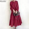 ZANZEA Women Casual Round Neck Loose Long Sleeve Long Dress