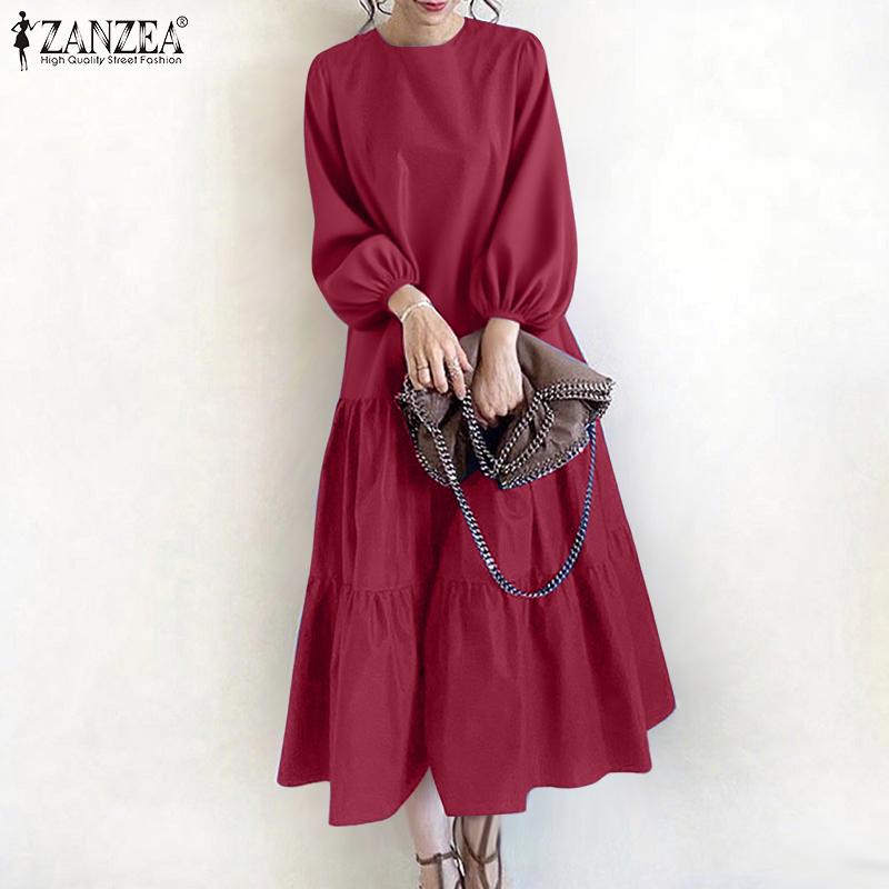 ZANZEA Women Casual Round Neck Loose Long Sleeve Long Dress