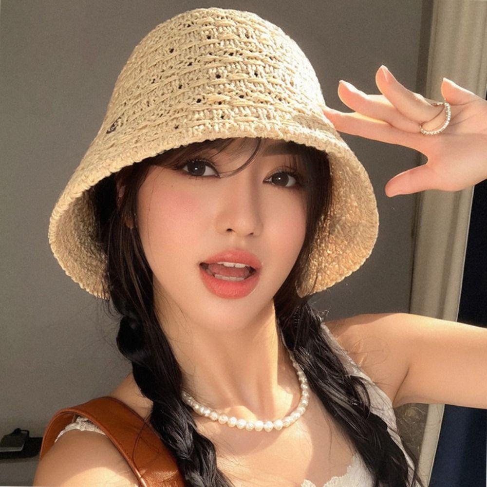 Summer Straw Bucket Hat Hollow Beach Visor Cap Fashion Straw Sun Hat  Travel