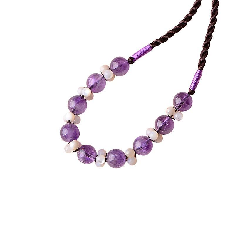 GEMCHIC Women's Ethnic Style Amethyst Beaded Necklace Handmade Braided Rope Choker Vintage Short Pendant Jewelry