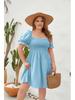 Plus Size Solid Color Casual Square Neck Vacation Dress with Smocked Puff Sleeves