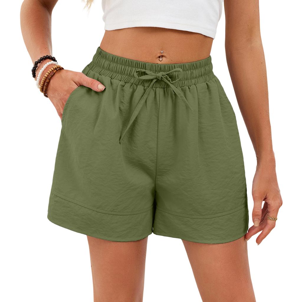 Women's Casual Fashion -Color Elastic Waistband Pocketed Wide-Leg Straight-Cut Shorts