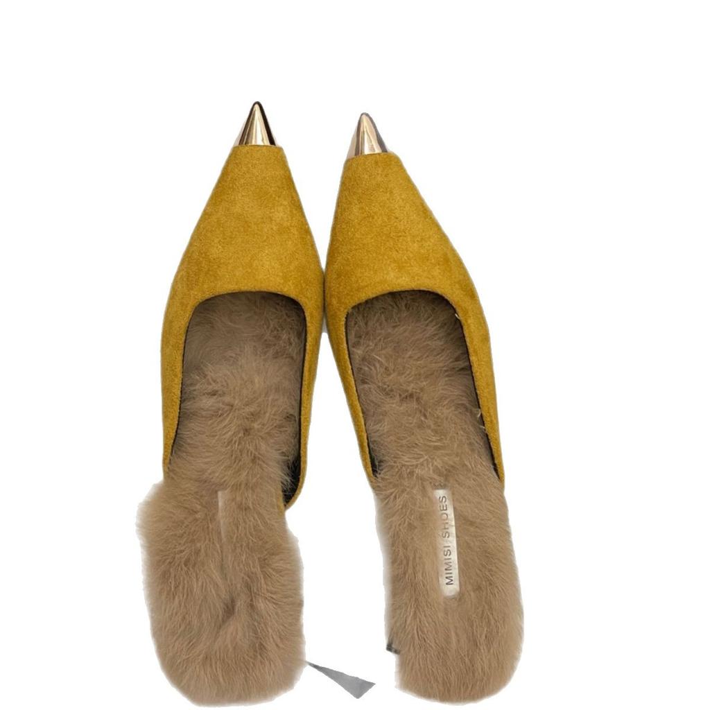 Baotou half-drag women's outer wear 2025 autumn new triangular thick heel medium heel fluffy shoes metal pointed low heel slippers