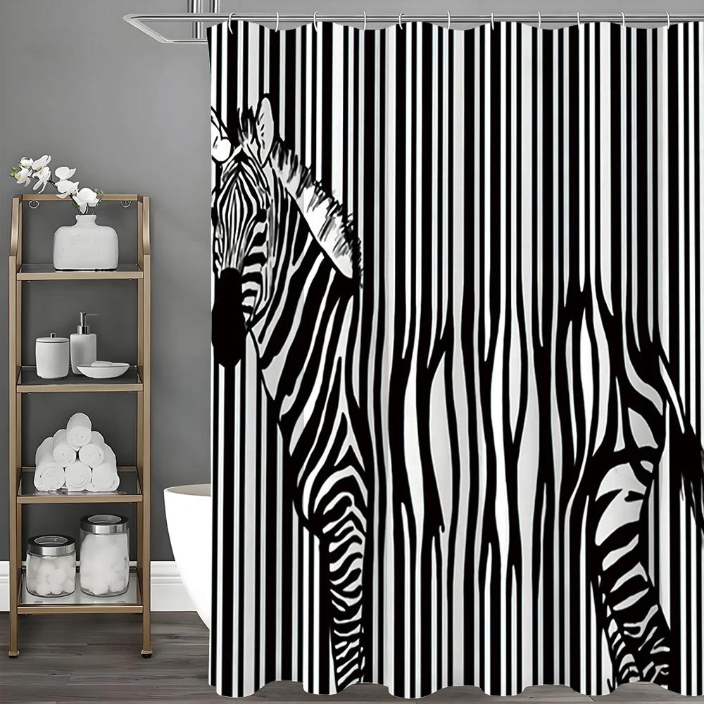 Zebra Stripe Shower Curtain, Bathroom Decorative Shower Curtain, Waterproof Shower Curtain with Hooks