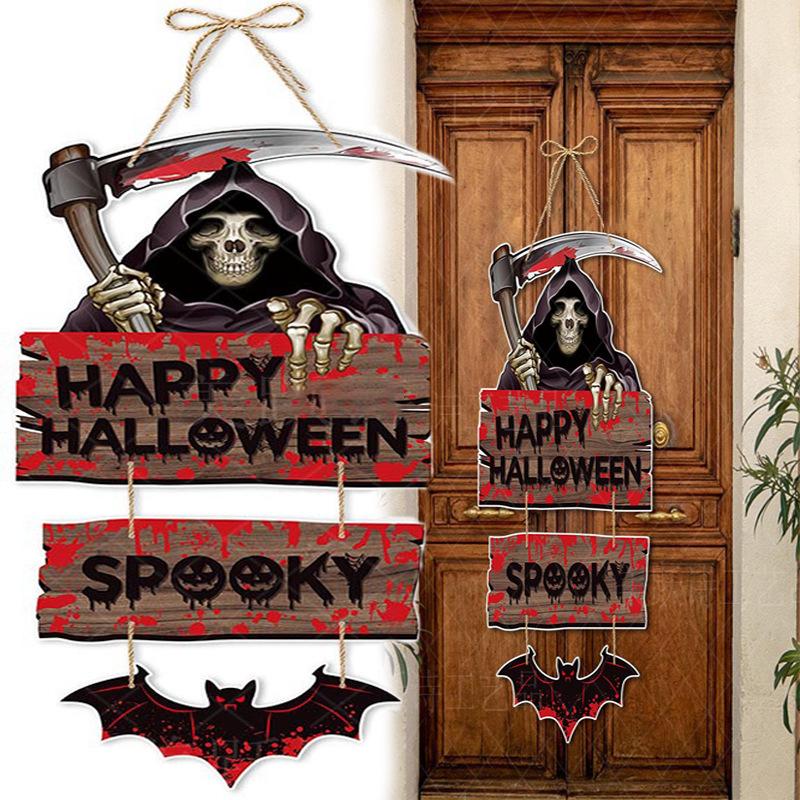 Halloween Pumpkin Decoration Hanging Board Ghost Death God Witch Bat Hanging Sign Trick or Treat Party Front Door Decoration