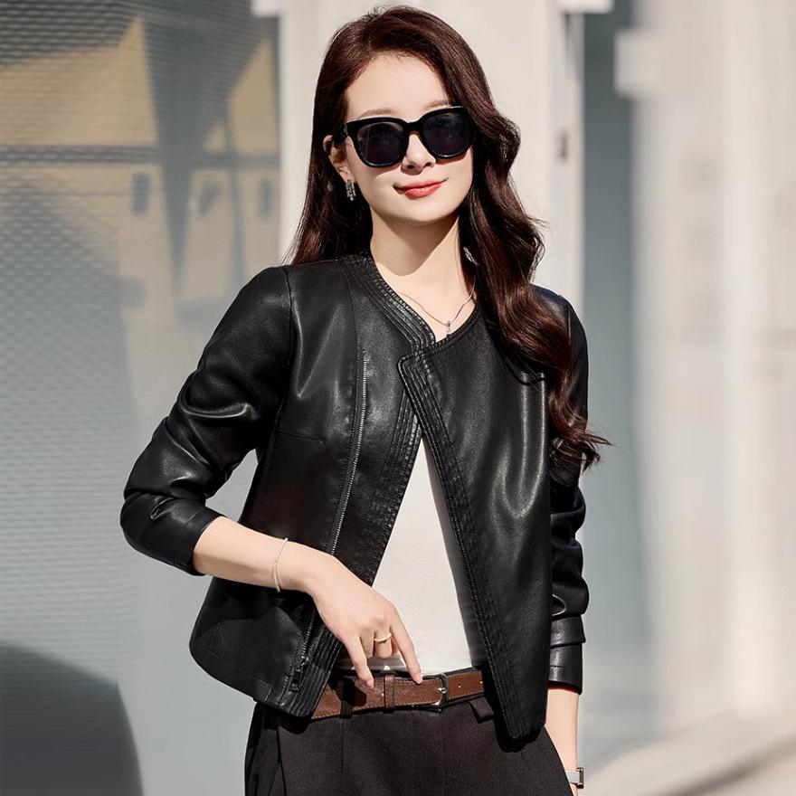 

Дизайнерский смысл Маленькая кожаная куртка Женская весенне-осенняя новая модная темпераментная Приталенная и стройнящая мотоциклетная кожаная куртка XXXL чёрный