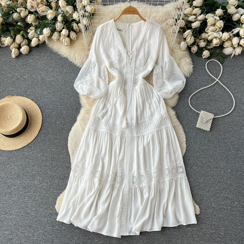 

Gentle Spring and Summer V-neck Slimming Palace Style Dress White M