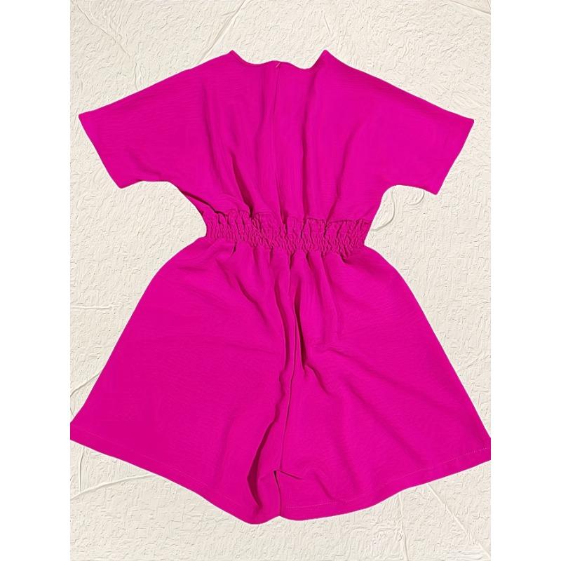 Solid V Neck Romper, Elegant Short Sleeve Shirred Waist Jumpsuit For Spring & Summer, Women's Clothing