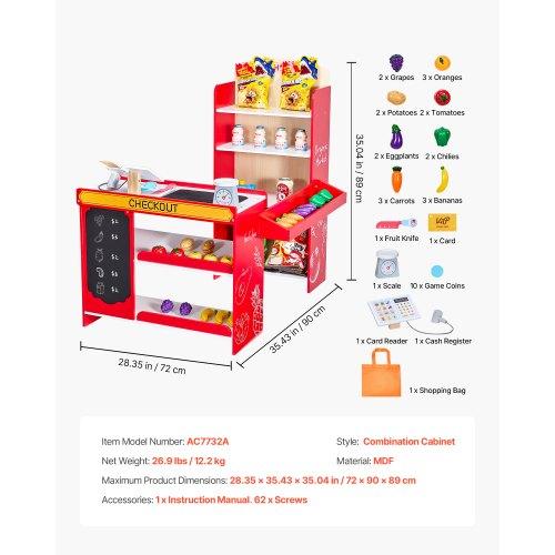 VEVOR Kids Grocery Store Playset, Wooden Play Store with Shopping Bag, Kids Supermarket Pretend Play Toy Set with Conveyor Belt, Scanner