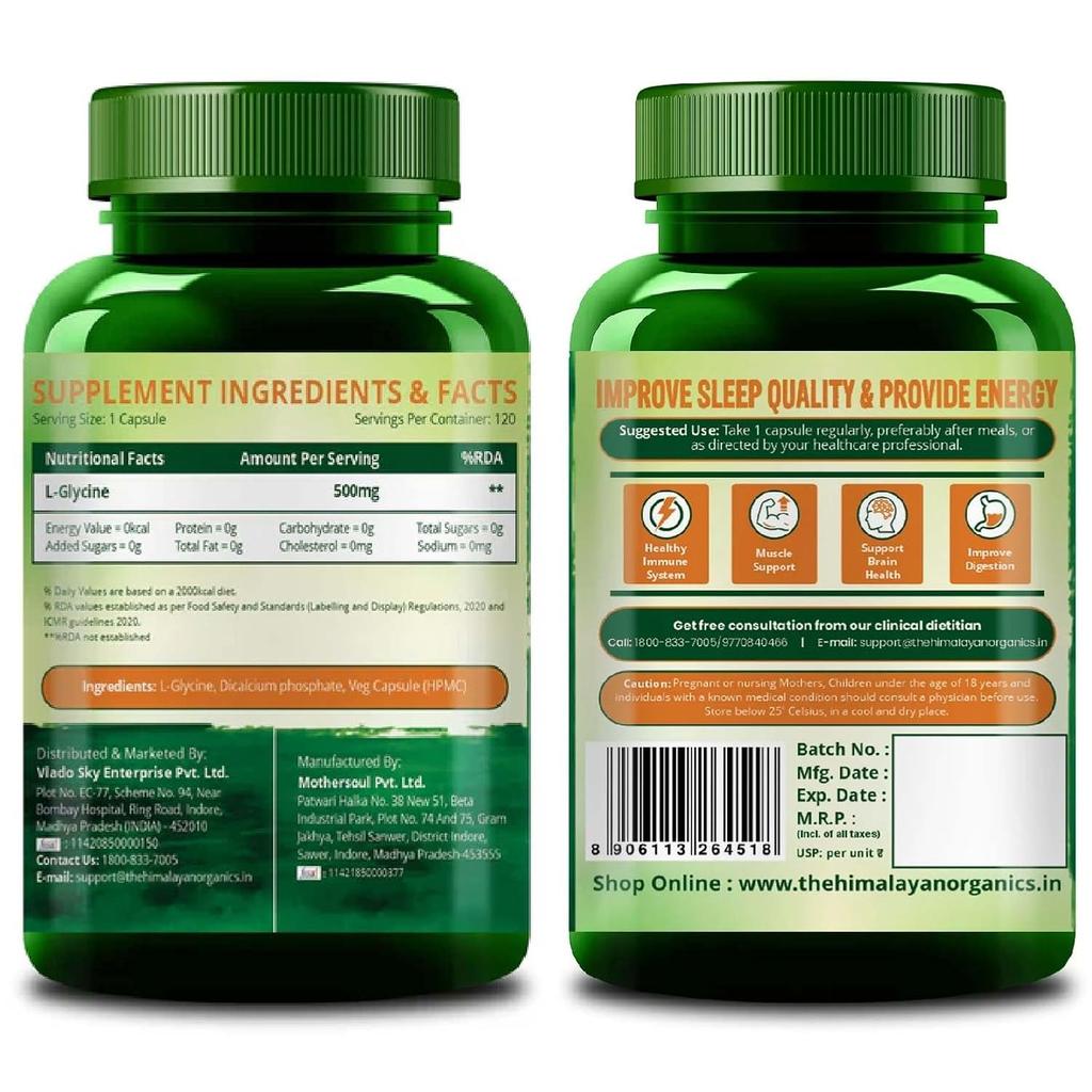 Vlado’s Himalayan Organics L-Glycine 500mg Capsules Amino Acid Supplement For Sleep Muscle Recovery And Brain Support 120 Count