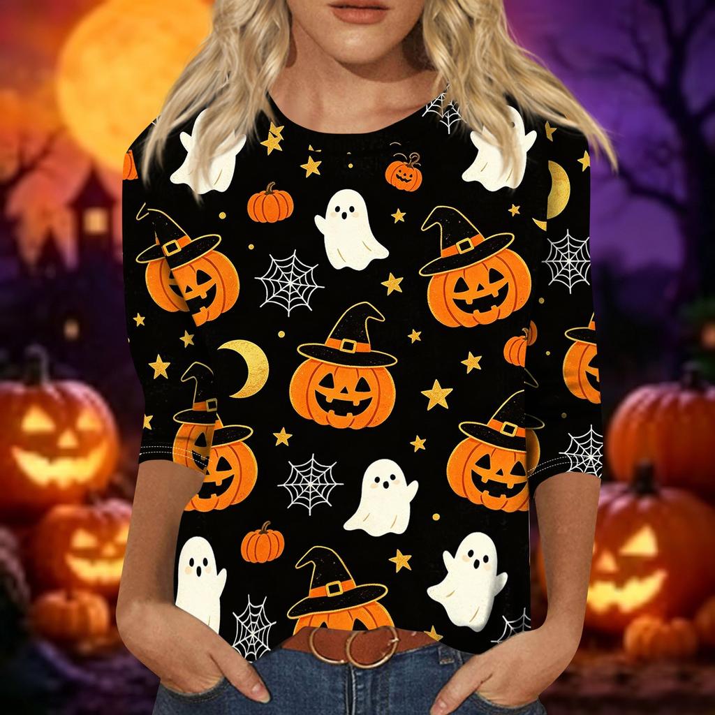 Women Casual Halloween Print Three Quarter Sleeve Round Neck Top Lightweight Comfortable Fit Fashionable Shirt for Everyday Wear