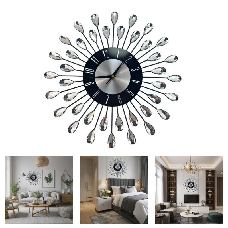 Crystal Leaves Wall Clock None-Ticking Silents Battery Operated Clocks Decorative Wall Clocks for Living Room Decors