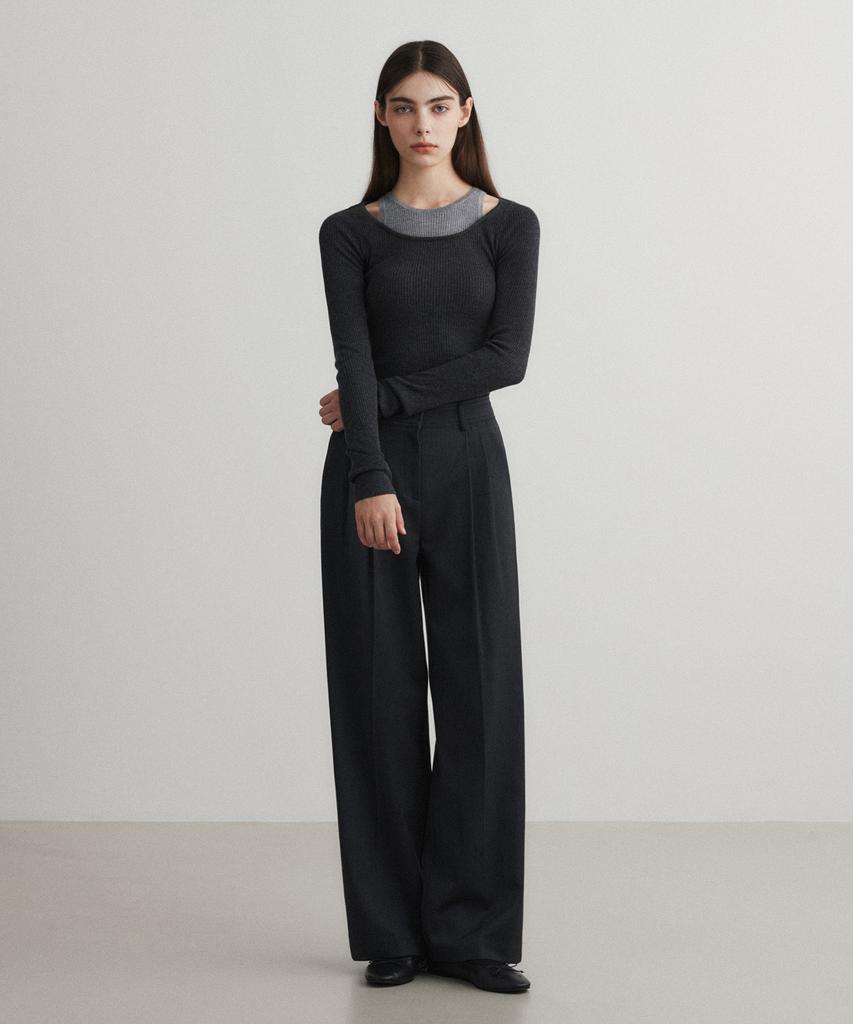 SUARE WOMEN Wool Double-Pleated Semi-Wide Slacks Charcoal