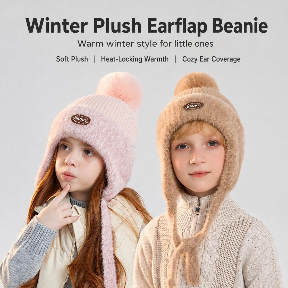 Kids Winter Knitted Earflap Hat with Pom Pom, Plush Lining and Long Ties, Warm Windproof Polyester Cap for Ages 4–10Years