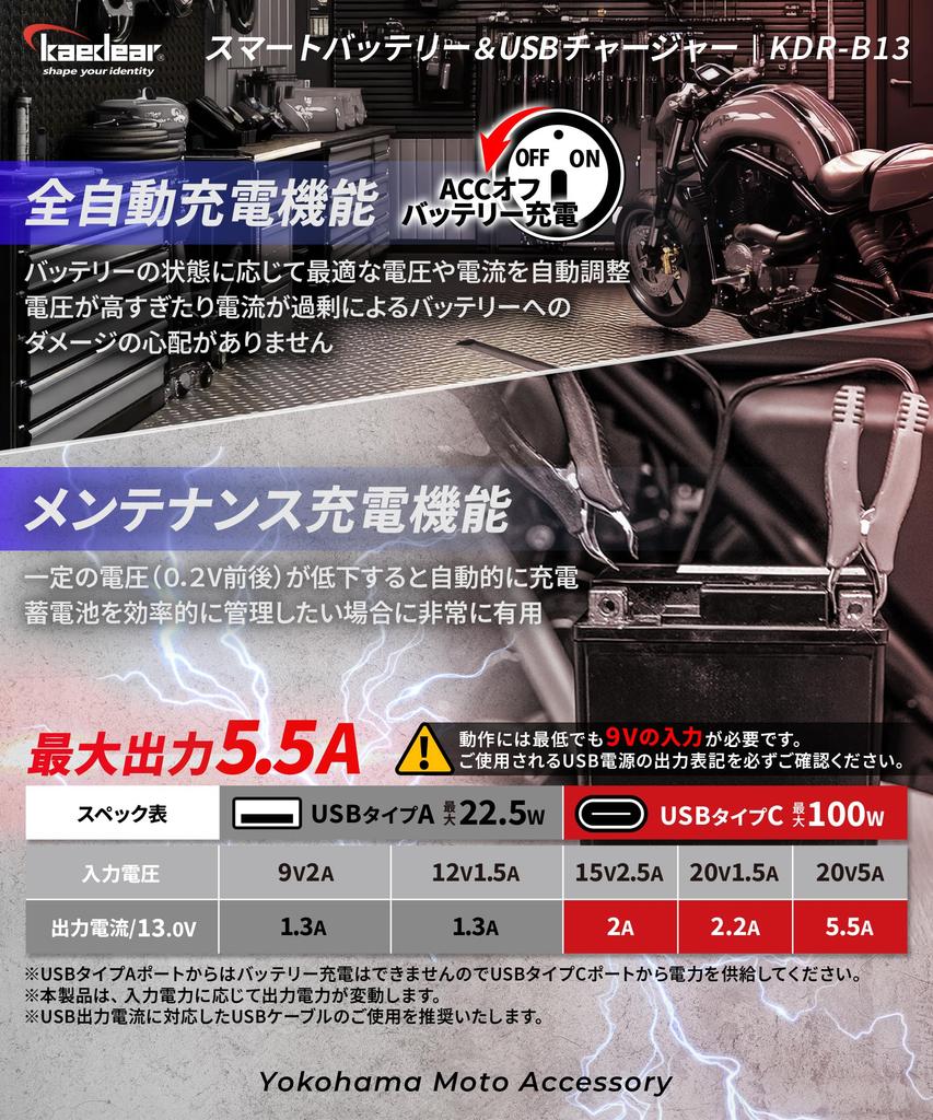 Kaedear Motorcycle USB Power Supply Battery Charging 2-Way Waterproof Output Type C Type A | Input (Type C) KDR-B13