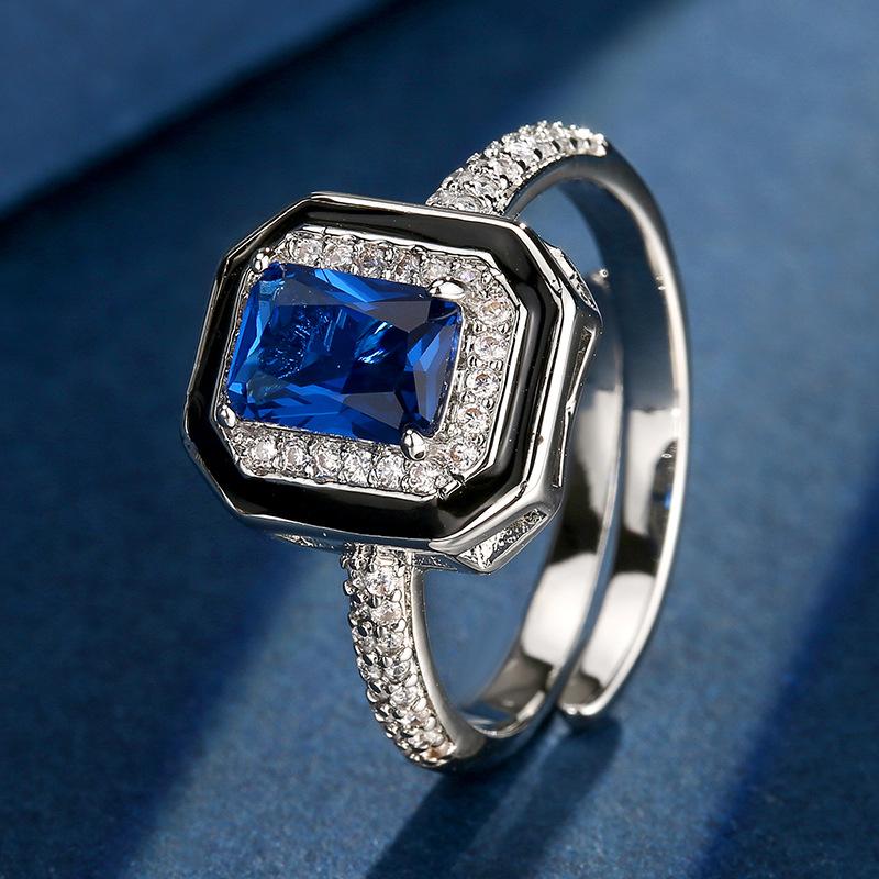 Jewelry Copper Bottom Gold-Plated Retro Simulation Blue Spinel Square Diamond Simple Wind Suit Female 6 * 8-5 * 7