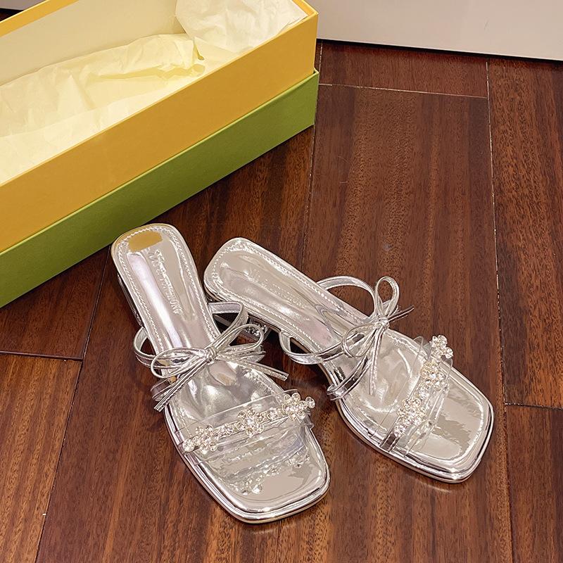 French Fashion Thick Heel Cool Slippers Women's Summer Wear 2025 New Silver Sandals Bow Rhinestone High Heels