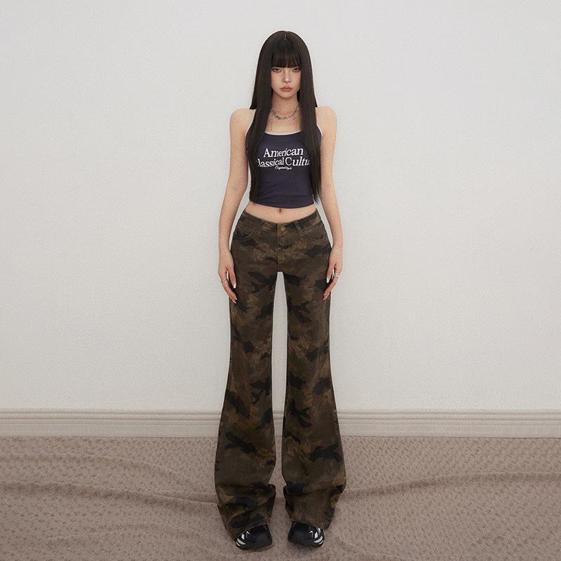 American Low-Waist Camouflage Flare Jeans - Women s Summer 2025 Stretch Slim Fit XL
