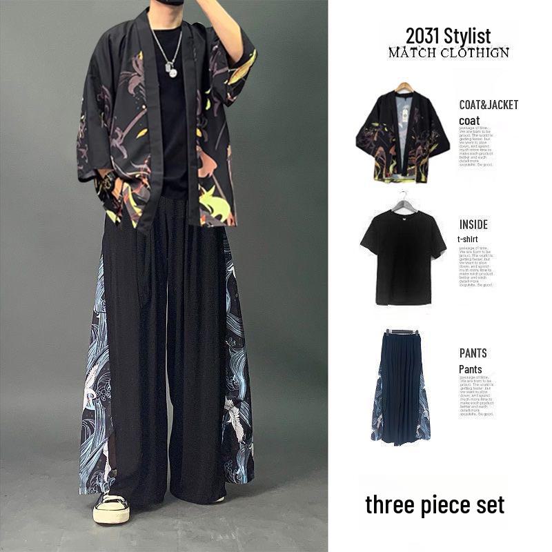 Men's Chinese Style Ice Silk Taoist Robe: Trendy Three-Piece Hanfu Tang Suit for Summer