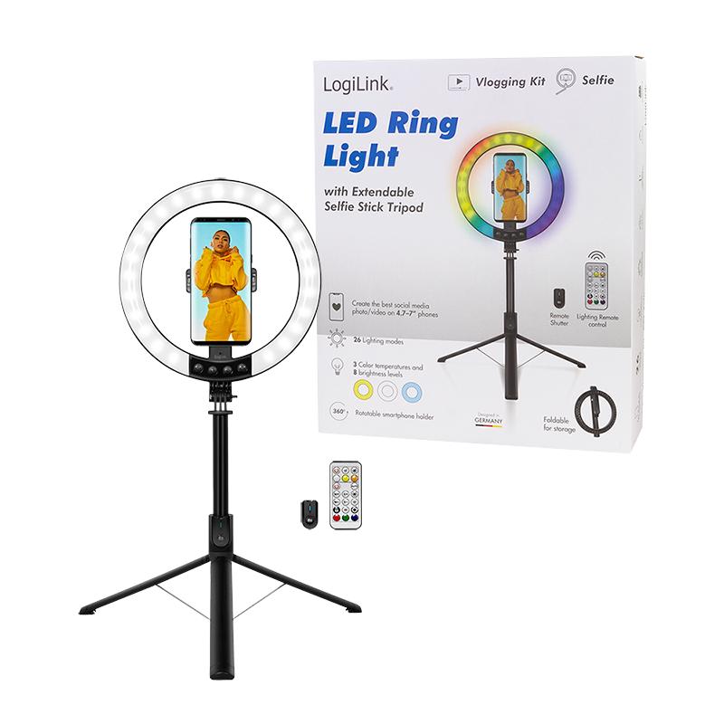 LogiLink LED Ring Light with Selfie Stick Tripod and Bluetooth Remote Control