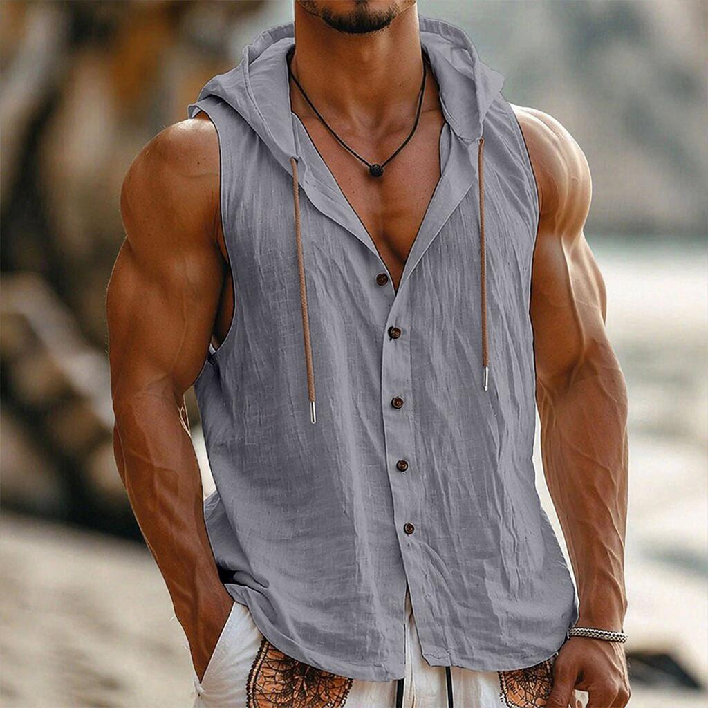 Men Sleeveless Hooded Vest Button Front Linen Cotton Blend Casual Lightweight Summer Shirt Outerwear