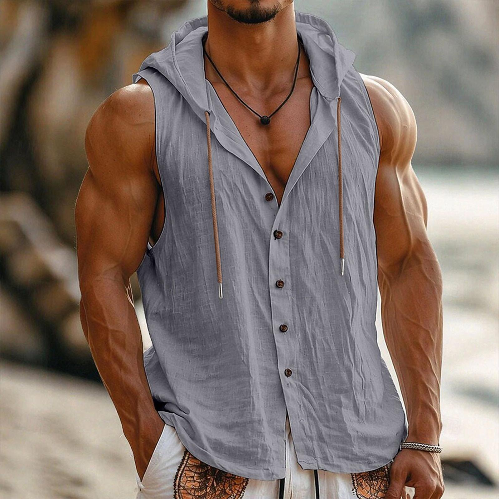 Men Sleeveless Hooded Vest Button Front Linen Cotton Blend Casual Lightweight Summer Shirt Outerwear XL