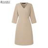 ZANZEA Rochie elegantă casual pentru femei cu gât în V, culoare uni, mâneci 3/4