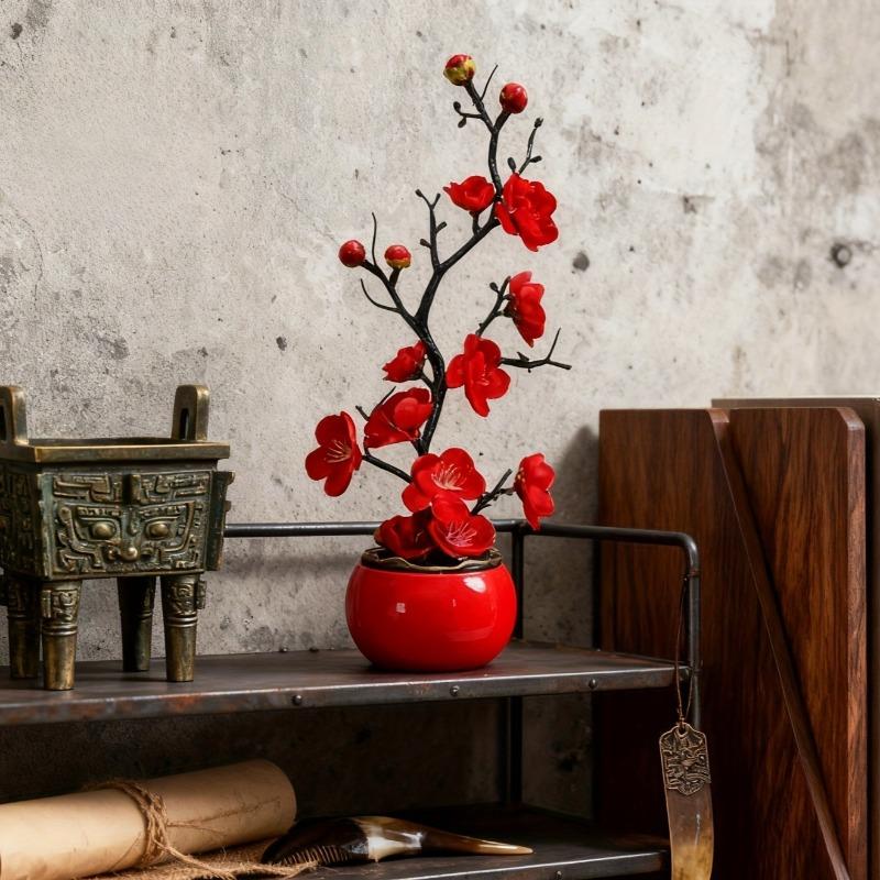 1pc Red Plum Blossom Potted Plant for New Year, Premium Artificial Flower for Wedding, Valentine's & Home Decor