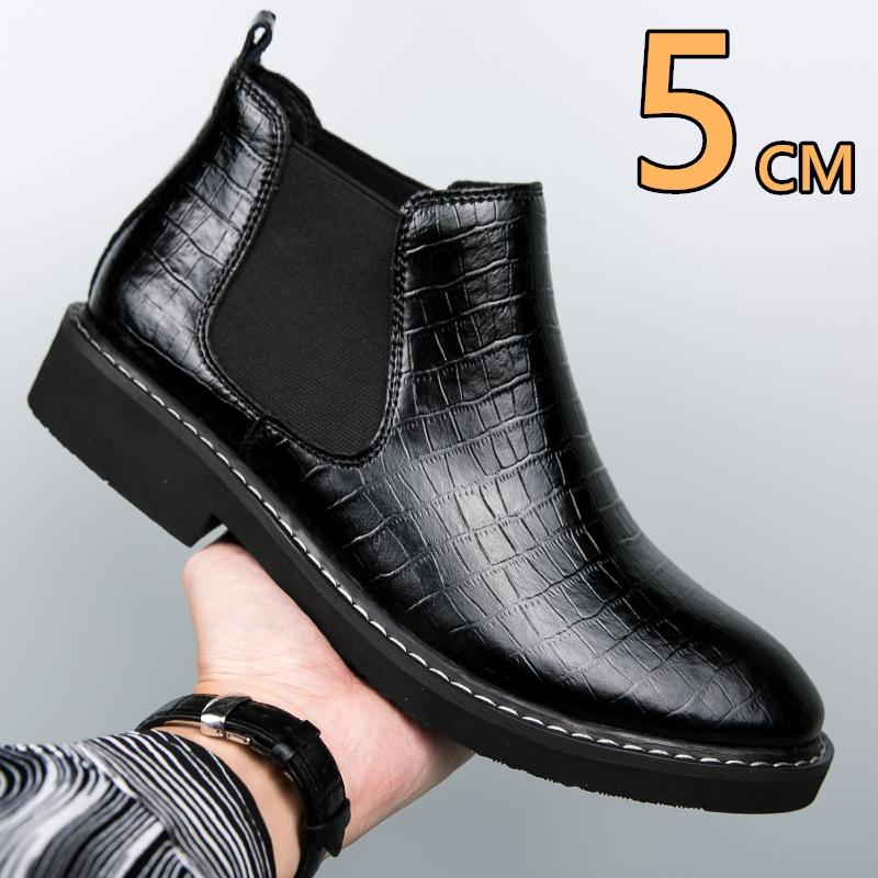 Fashion Men Plus Size 48 Genuine Leather Snake Print Elevator Chelsea Boots Mid-Calf Pointed Toe Ankle Boots 5CM Height Increasing Boots
