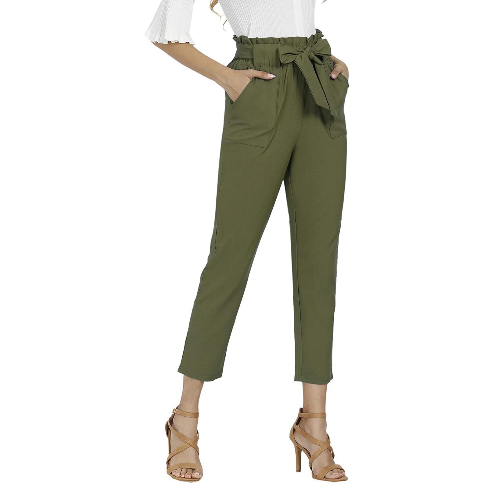 

Women s Color Bow Pocket Leisure Time Elastic Waist Trouse Pants M