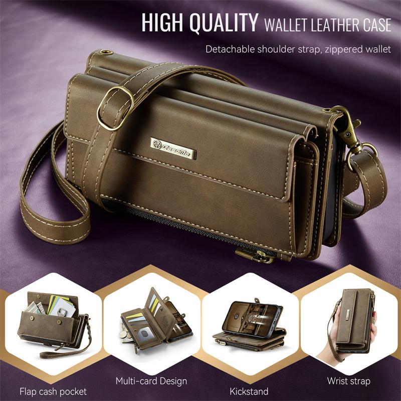 CaseMe Flip Leather Phone Case for iPhone 17 Pro Max Air 16 Plus 16E 15 14 13 Mini 12 11 X XS XR SE 2022 8 Long Lanyard Zipper Wallet Multi Card Cover