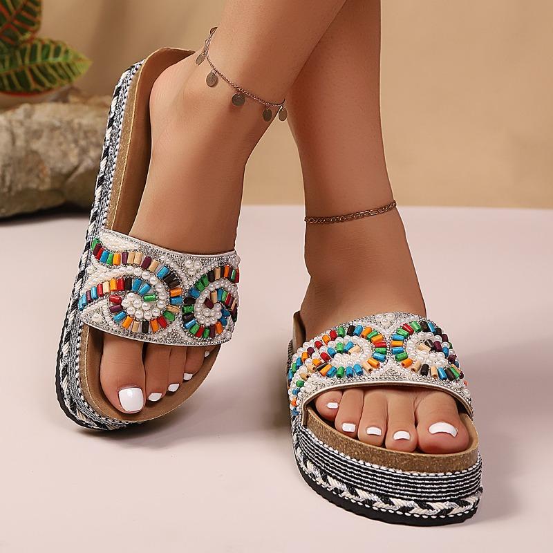 Fashion Fashion Rhinestone Platform Slippers Summer New Round Toe Open Toe Non-slip Wear-resistant Flat Slippers
