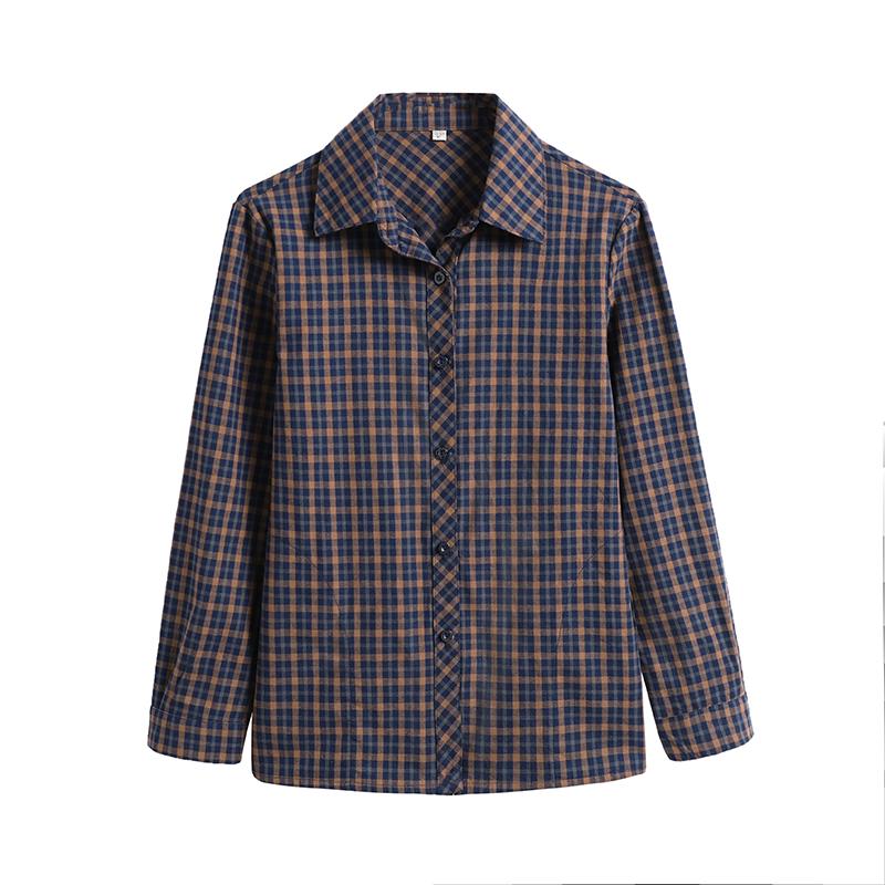 2026 Women's Spring/Fall Loose Cotton Plaid Lapel Shirt for Middle-aged & Elderly - Long Sleeve