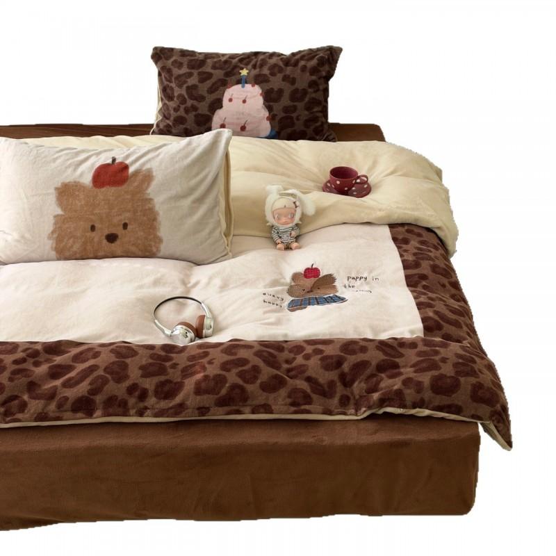 Ins Style Winter Milk Fleece Cute Cartoon Bedding Set Warm Soft Bed Sheet Duvet Cover