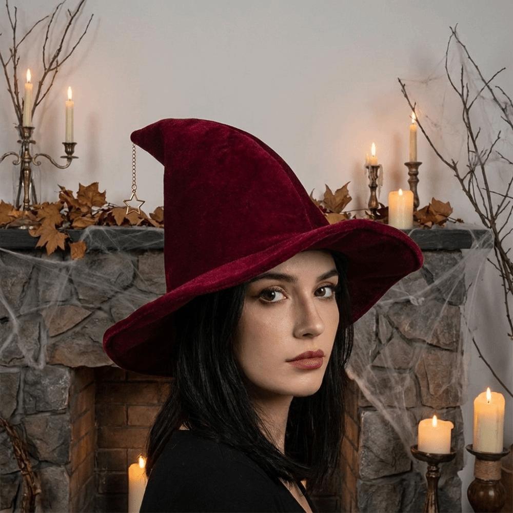 Star Pendant Wool Bucket Hat Solid Color Halloween Hat Vintage Witch Hat Party