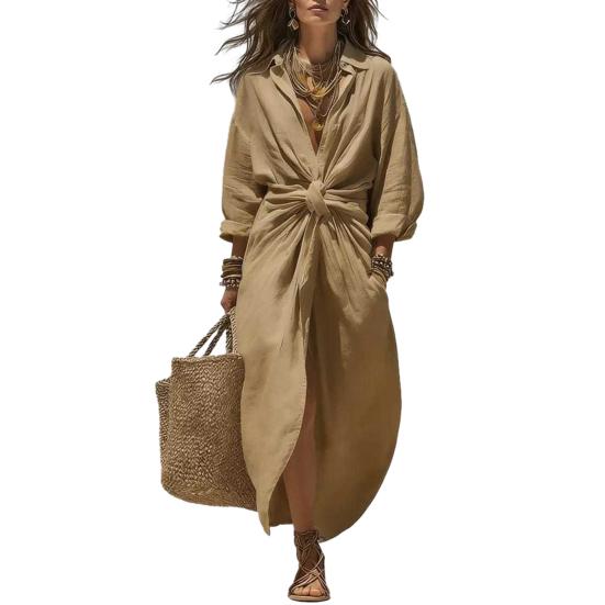 Maxi Shirt Dress for Women, V Neck Long Sleeve Ruffled Tie Waist Boho Long Dress, High Slit A-line Loose Flowy Dress with Pockets