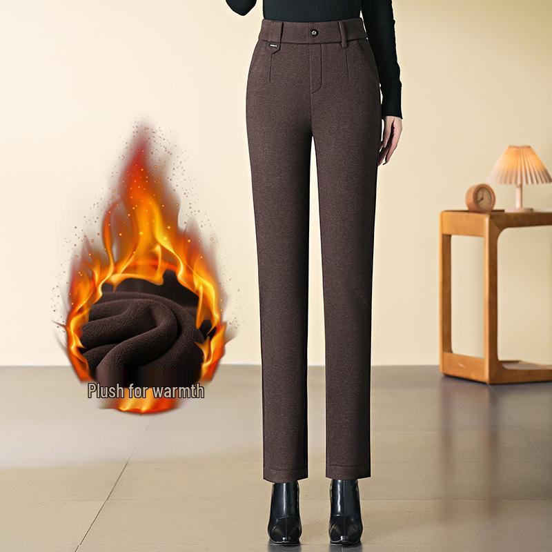 

Женские брюки с высокой посадкой, на флисовой подкладке, прямого кроя, новинка сезона осень/зима 2024, доступны большие размеры, теплые повседневные мамины брюки. 3XL кофейный