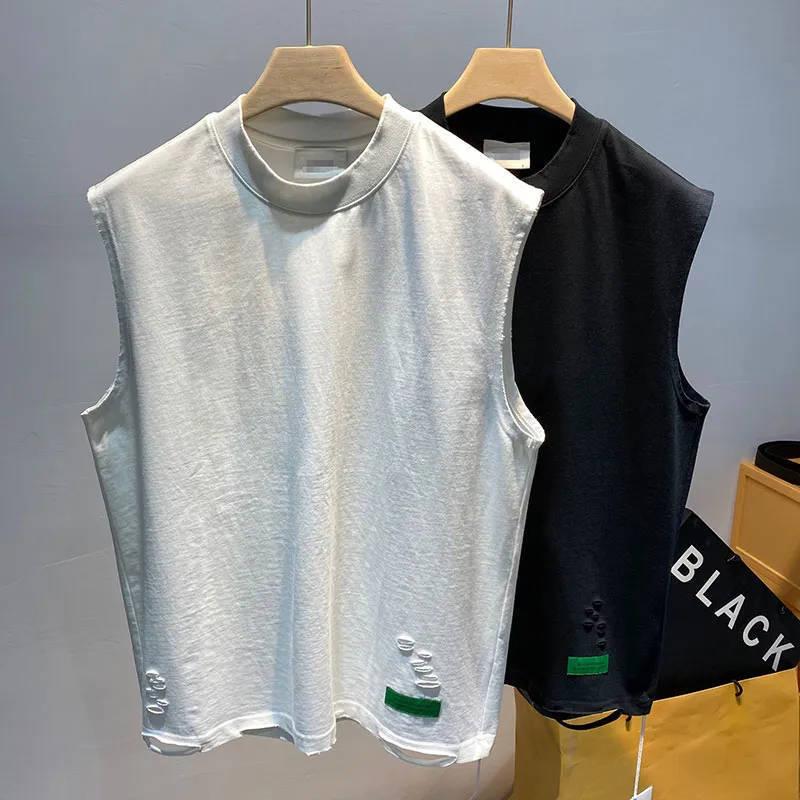 Summer Ripped Hole O Neck Men Tank Top Fashion Personality Casual Oversized T Shirt Clothing Sports Daily Street Black White