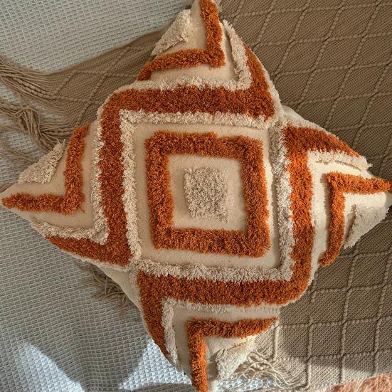 Embroidered Pillowcase Tufted Embroidery Cushion Cover with Tassels Cotton Linen Decorative Pillow